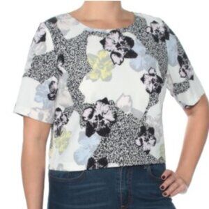 BAR  III Black & White Multicolor Floral Printed Short Sleeve Jewel Neck Top S